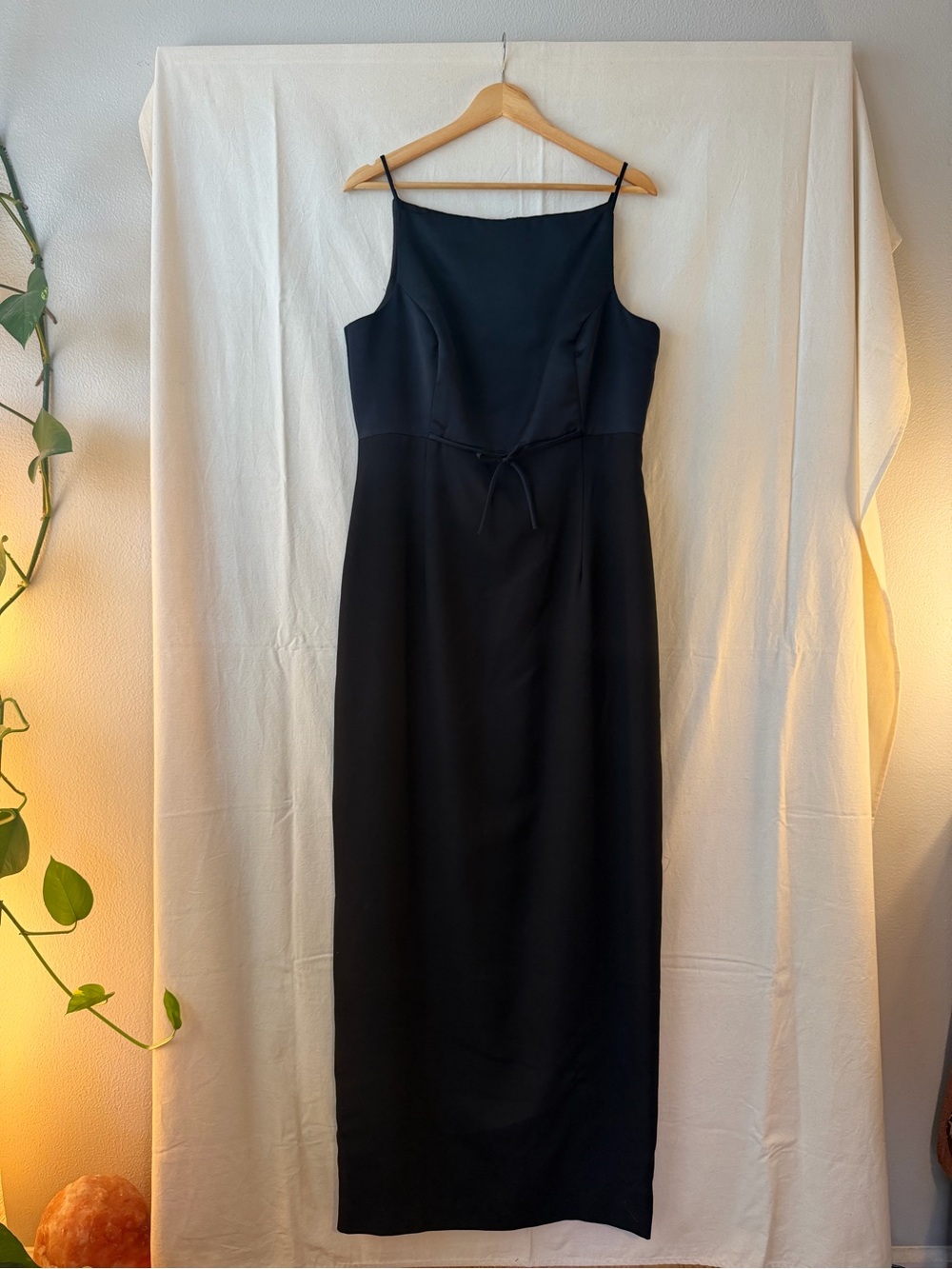 Minimalist Black Maxi Satin & Crepe Dress with Thin Straps